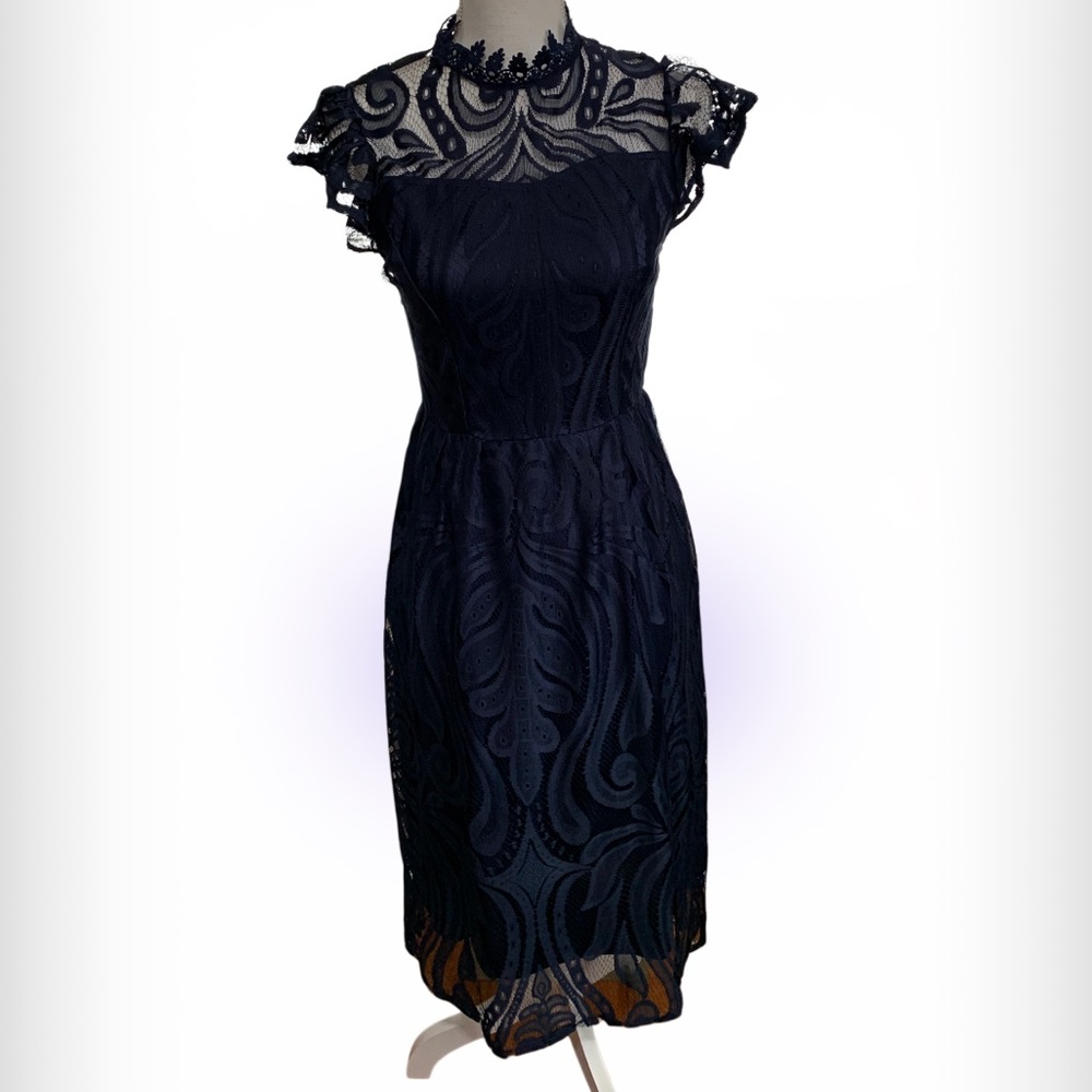 JJs House Navy Lace Midi Dress with Sheer Lace Yoke